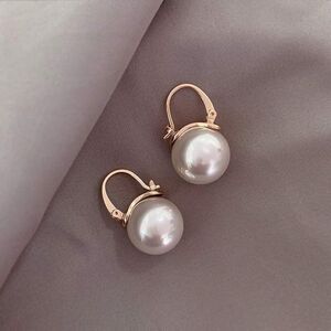 Sterling Silver Big Pearl Dangle Earrings, Chunky Pearl Huggie 14K Gold Plated